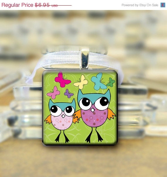 SALE Owl Tile Pendant necklace - 1 inch glass square