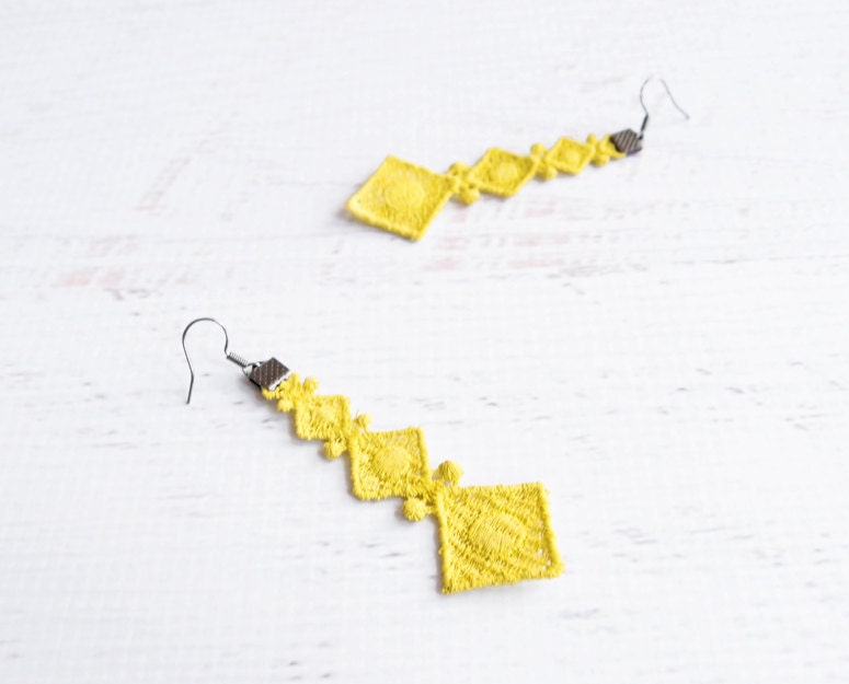 Geometric Earrings - Neon Yellow Lace Earrings - Gemma - Lemon Diamond Dangle Earrings