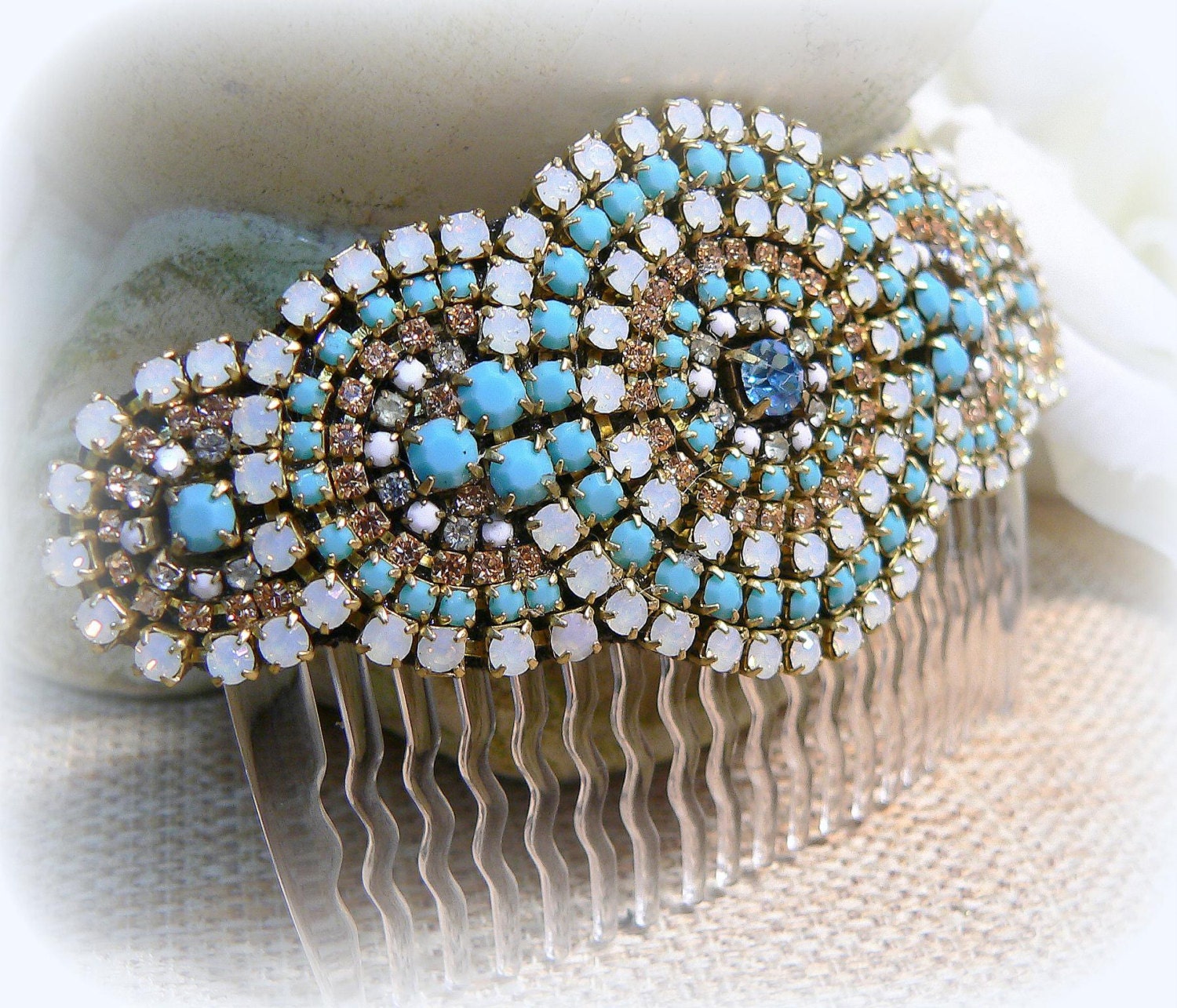 Turquoise &Opal White Rhinestone Hair Comb,Crystal comb,bridal hair comb,bridesmaids gift