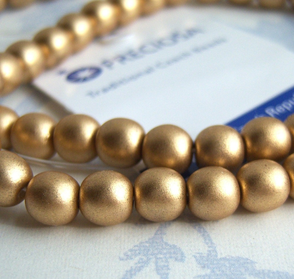 Czech glass  beads, 6mm rich gold satin round druk beads,  (32) beads per strand - JH62