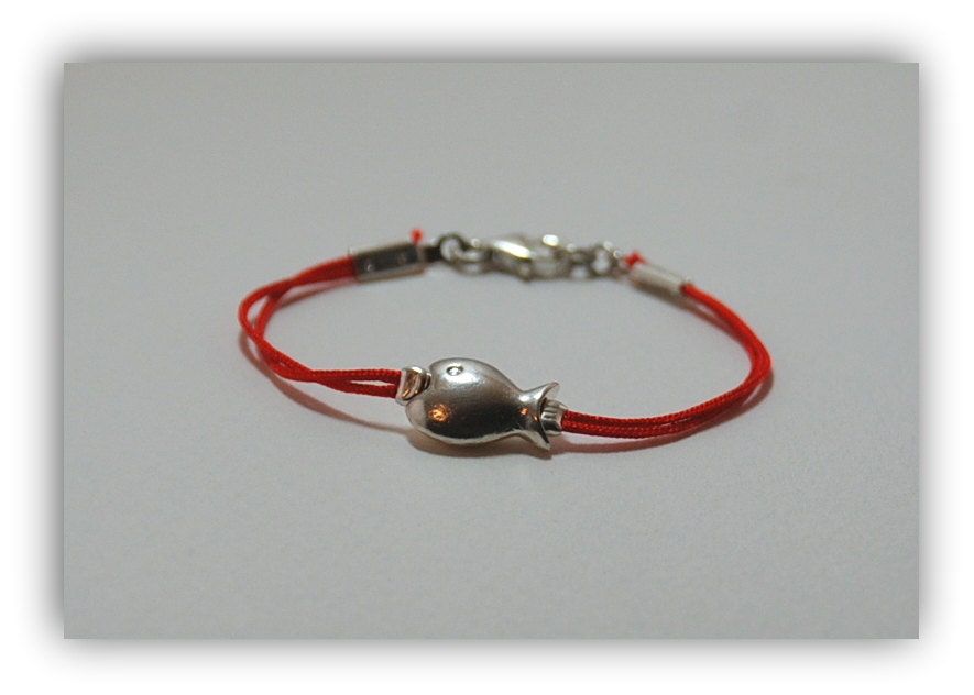 Baby Bracelet Jewelery Sterling Silver  Fish Charm  Bracelet  Red  Rope Cord  Macrame