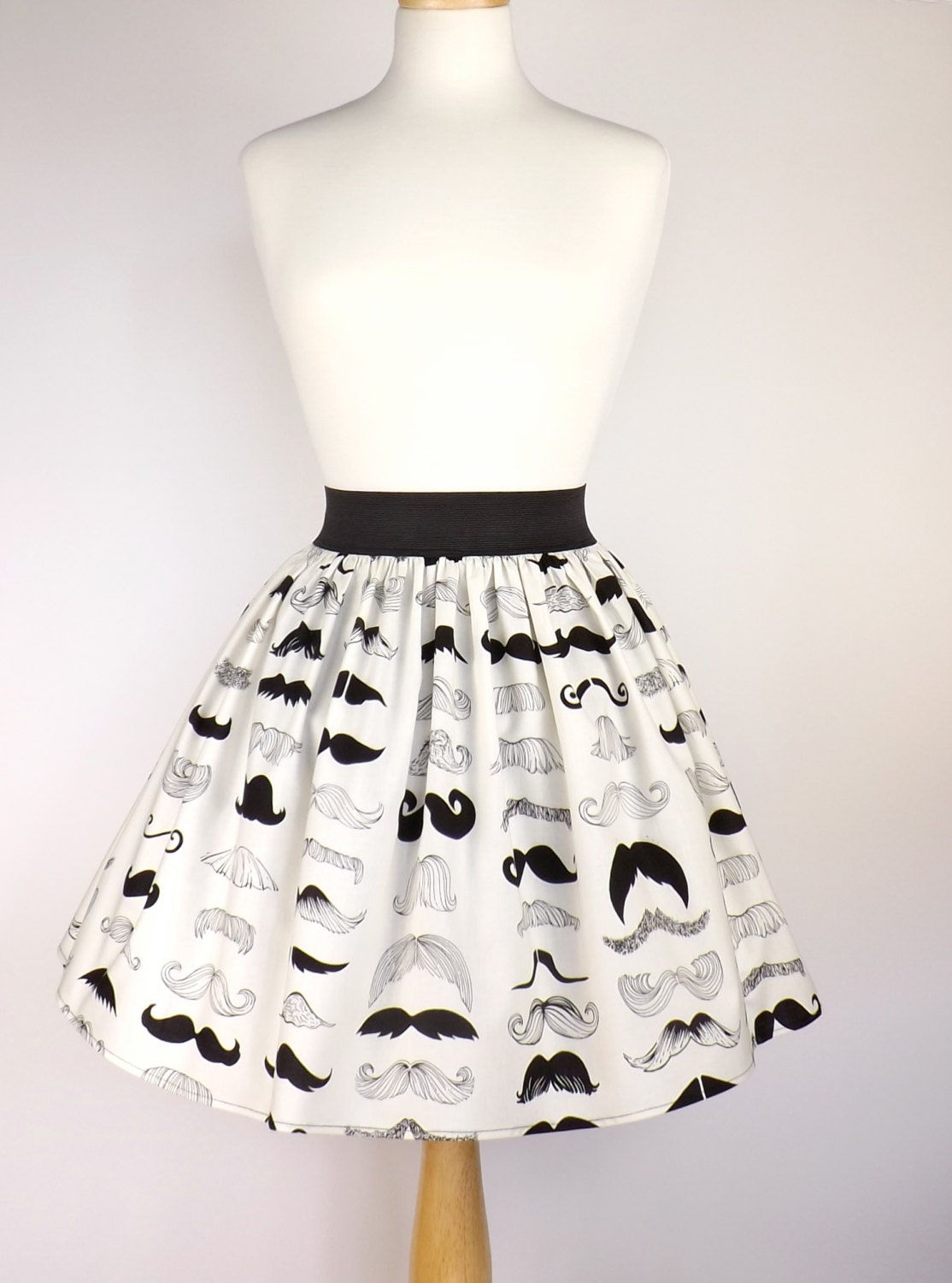 Black & White Mustache Pleated Full Skirt / Moustache Skirt