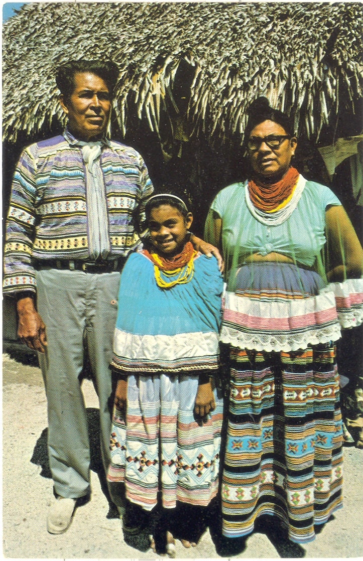 Vintage Florida Postcard - Everglades - Jimmy Tiger and Seminole Family at Indian Village Tamiami Trail US 41