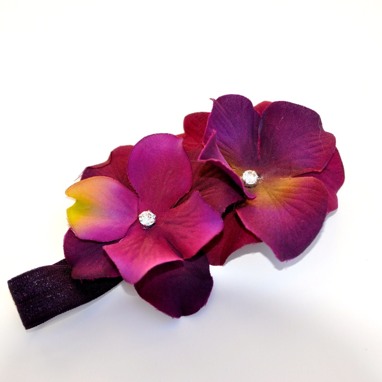 Vintage style plum flower headband with crystal rhinestones. Baby girl headband. Birthday, Flower Girl, special occasion.