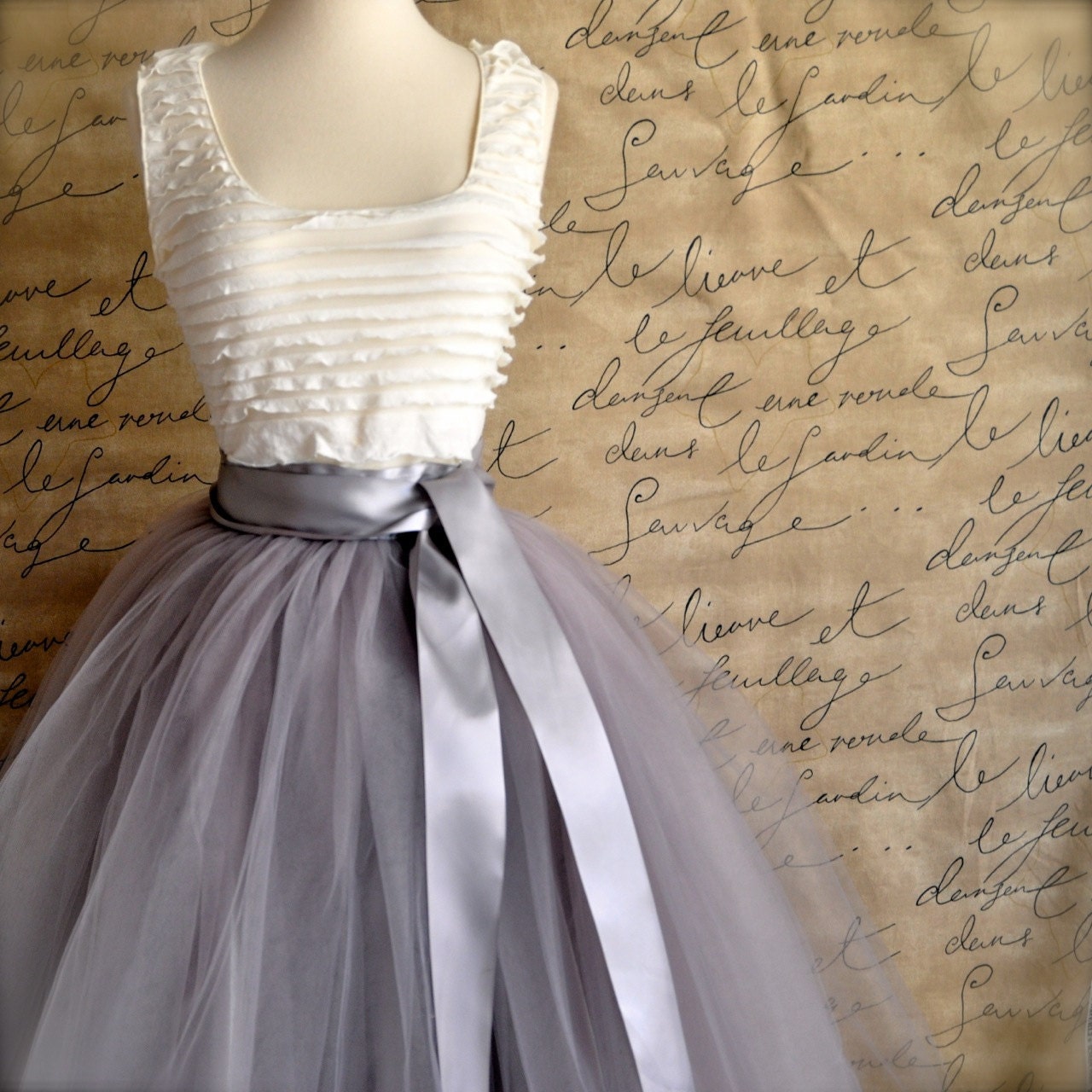 Pale grey tulle tutu skirt for women with silver satin lining- tea length, classic ballerina retro skirt.