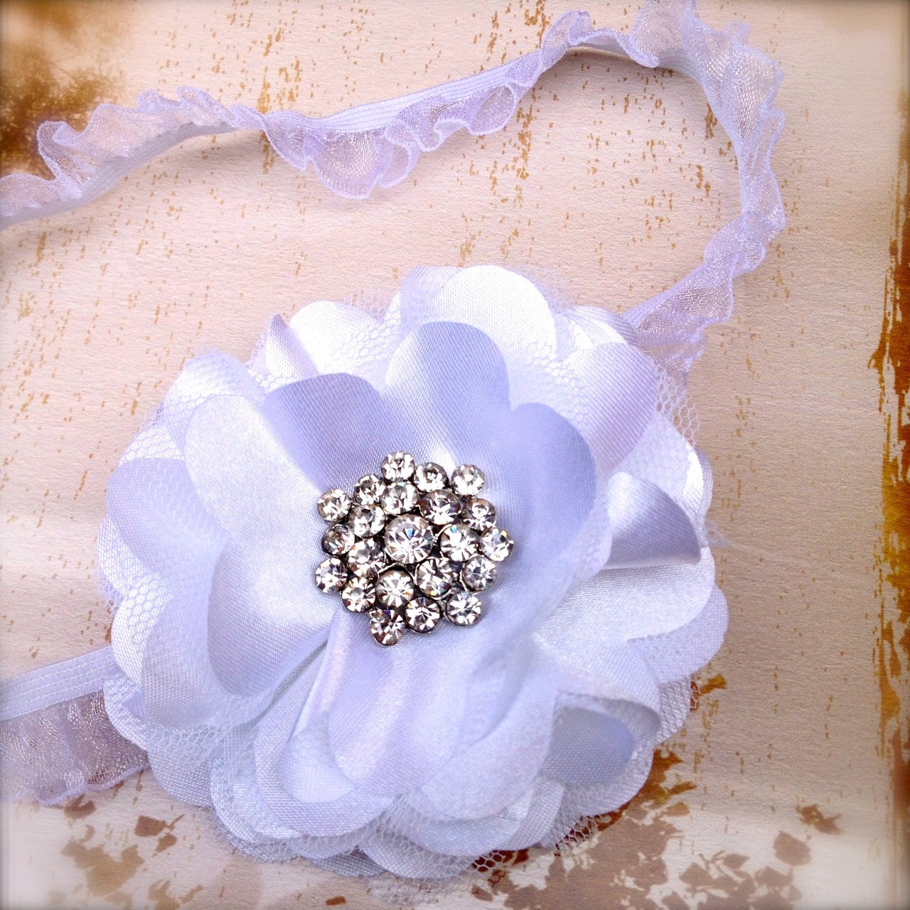 Tulle and satin flower clip or headband with rhinestones in  lime, white, yellow, silver, ivory, eggplant, brown, peach, navy blue, teal.