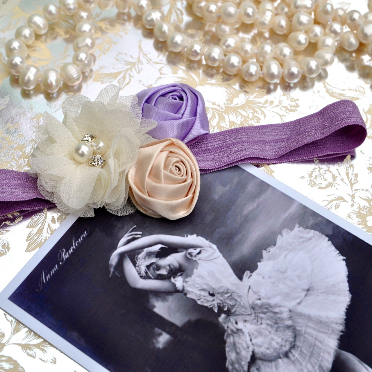 Ballerina headband in lavender, cream and ivory rosettes and chiffon jewel  blossoms. Ivory or lavender headband