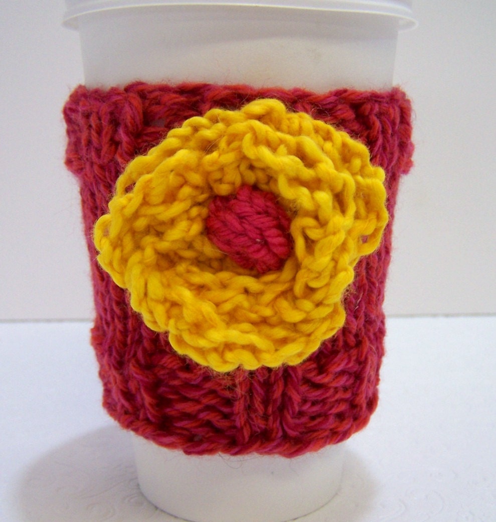 Knit Coffee Cup Cozy, Drink Cozy, Coffee Cup Sleeve Bright Pink Melon Yellow Flower