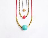 Triple Strand Geometric Necklace, Red Teal Gold Nude Necklace - Curved Bar Necklace, Atomium Necklace - AlinaandT Triple Strand Geometric Necklace, Red Teal Gold Nude Necklace - Curved Bar Necklace, Atomium Necklace - AlinaandT