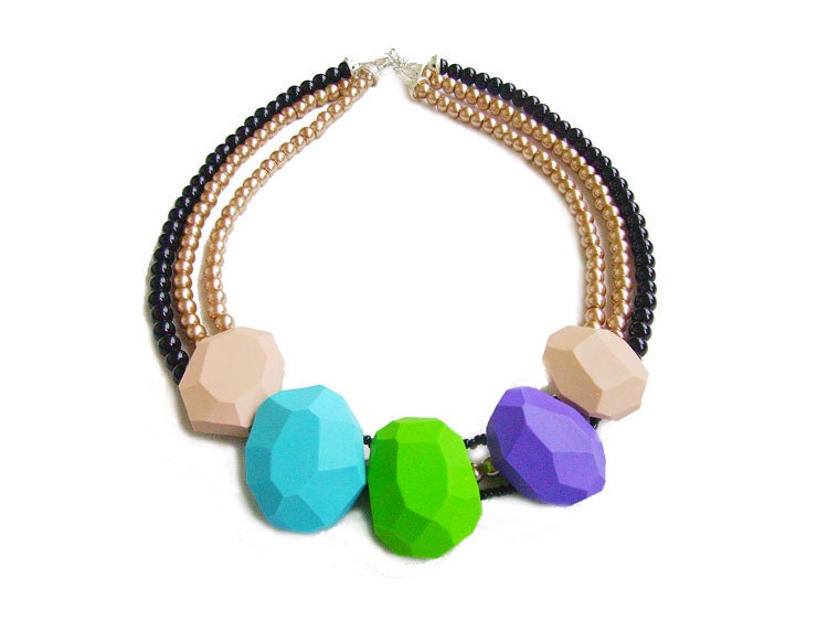 Neon Geometric Statement Necklace, Green Purple Nude Blue Handmade Polymer Clay Statement Necklace