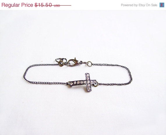 SUMMER SALE Side Cross Bracelet - Black Rhinestone Sideway Cross Handmade Bracelet on Chain