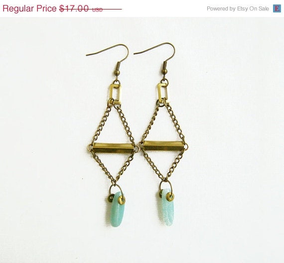 SUMMER SALE Amazonite Geometric Earrings, Triangle Raw Brass Earrings - Tribal Inspired Jewelry