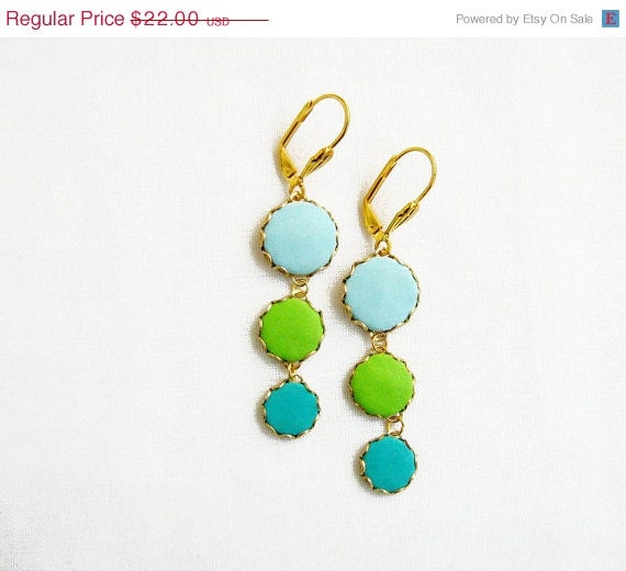 SUMMER SALE Statement Dangle Earrings in Lime, Teal and Aqua Blue - Color Dot Collection - Handmade Polymer Clay Statement Earrings