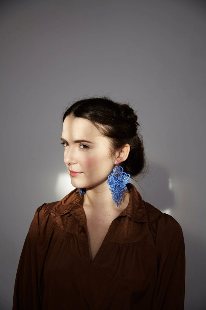 iris blue lace chandelier earrings