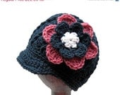Sale Crochet baby hat, girls crochet newsboy hat, toddler hat with flower, girls newsboy hat, blue and pink - pick your colors and size