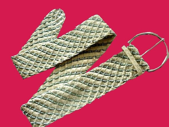 Wide Vintage 1970's  Disco Sparkly Woven Cream Vinyl Belt with Gold Thtreads and Silver Twisted Rope