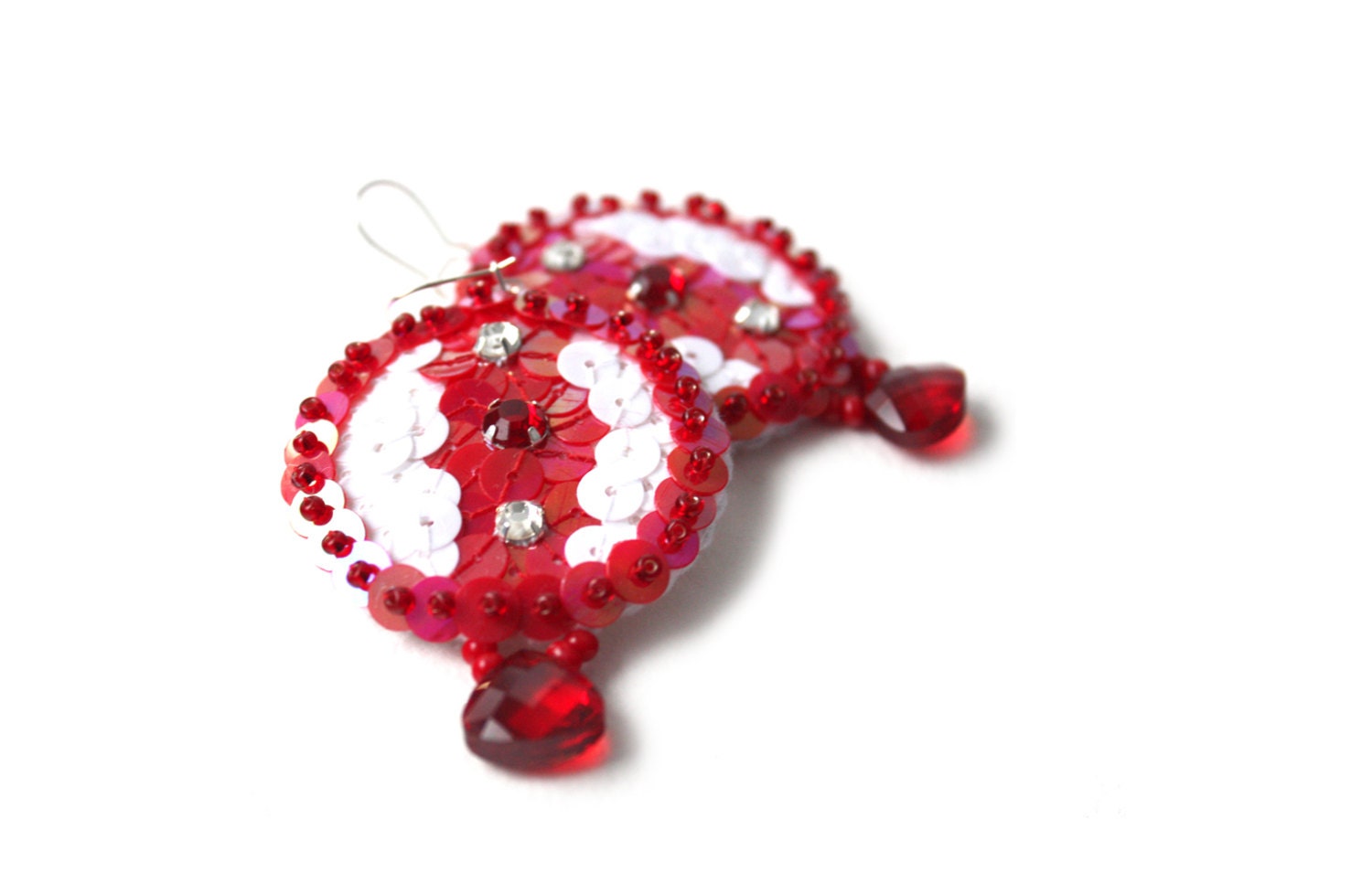 Earrings Red White Sequins embroidered felt