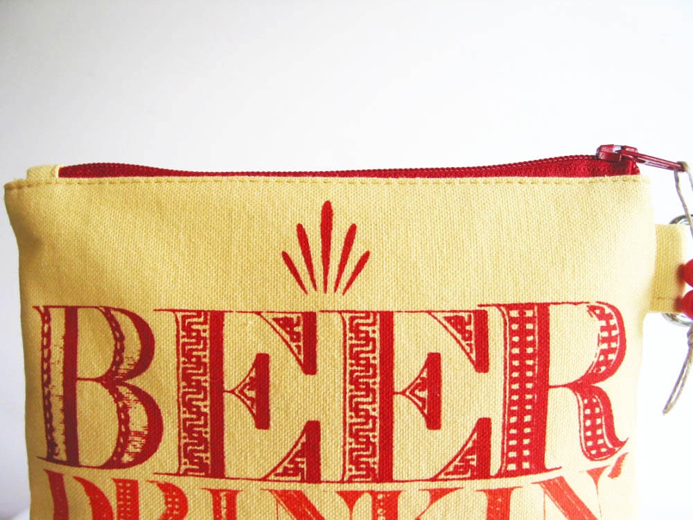 Beer Drinkin Woman Screenprint Bright Zipper Purse Red Yellow Orange