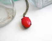 Cherry Red Glass Necklace.  Vintage Glass.  Aged Brass.