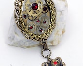 STEAMPUNK Brooch Pin Pendant Resin Collage Watch Parts Gears Mixed Media Brass & Red Rhinestones Pin0044 by Robin Delargy LooLoo's Box