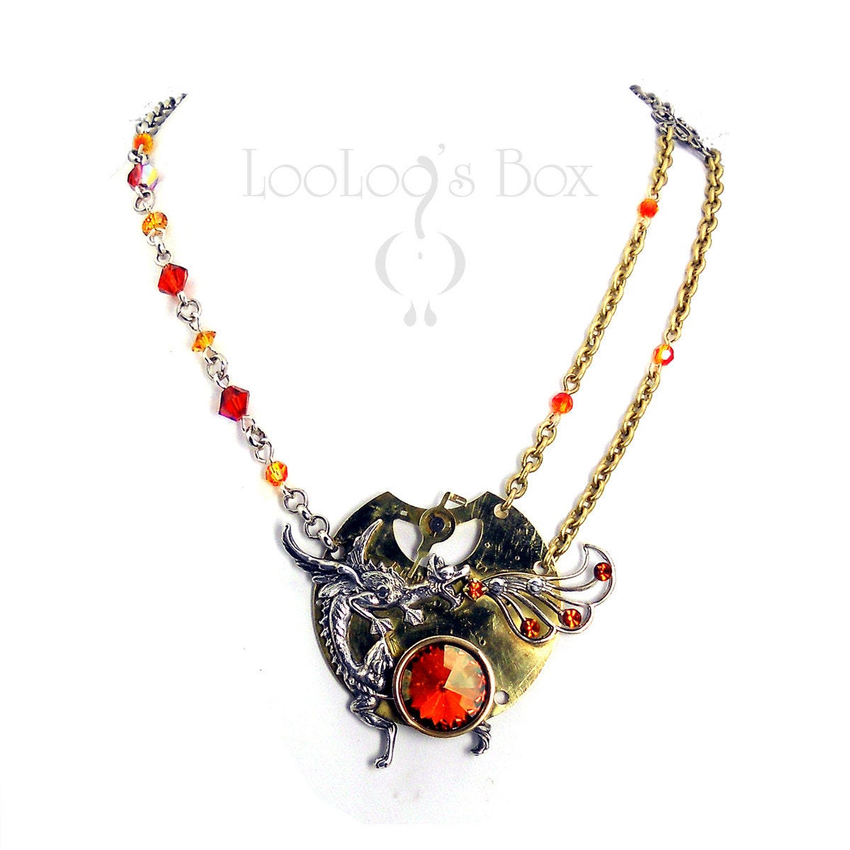 FIRE Breathing DRAGON Steampunk Necklace Swarovski Volcano Rivoli & Beads Pocket Watch Plate Rhinestones N0445 Robin Delargy LooLoo's Box