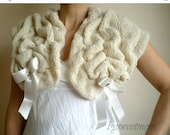 ON SALE 40 % OFF Ivory Bridal Stole  with Satin Ribbon, Wedding Shawl, Hand Knit  Wedding  Shrug Bolero