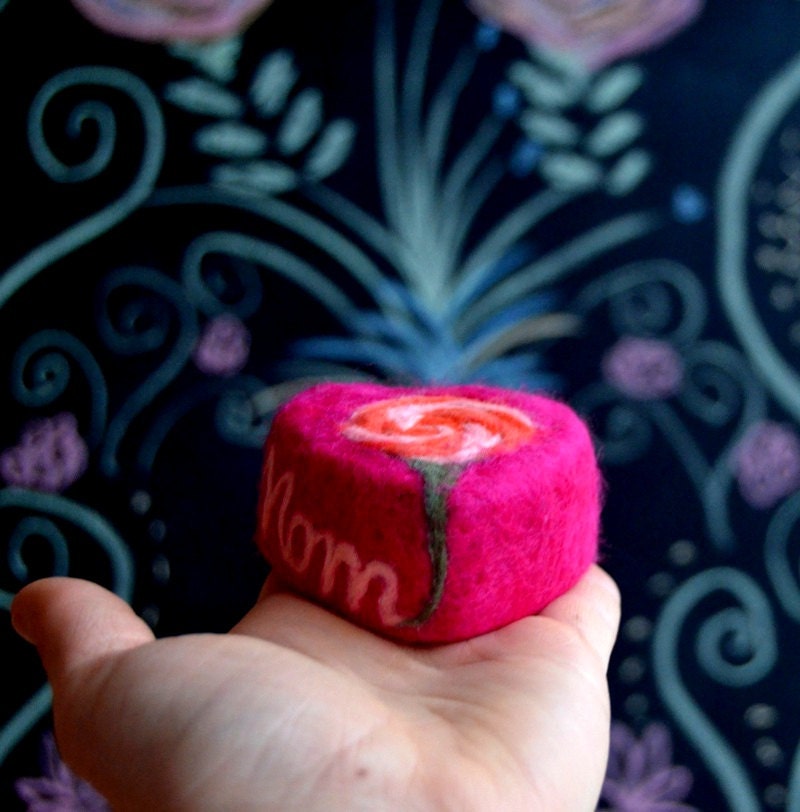 Felted Soap Pink Heart with Rose for Mom ( Plumeria )