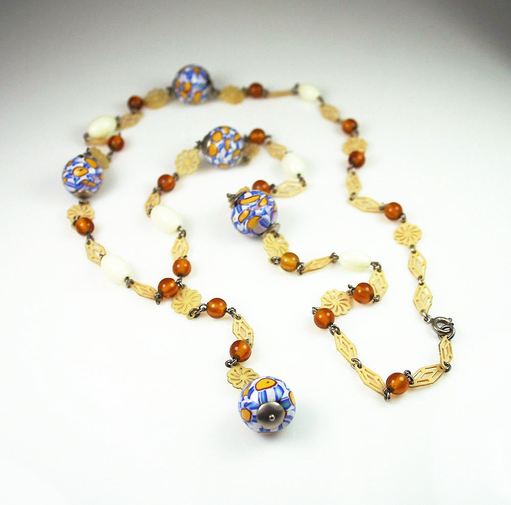 Antique Art Deco End of Day Glass Celluloid Sautoir Necklace