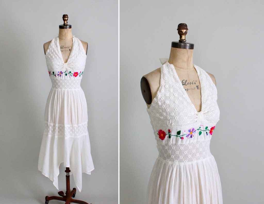 Vintage 1970s Dress : 70s Cotton Embroidered Rockstar Sundress