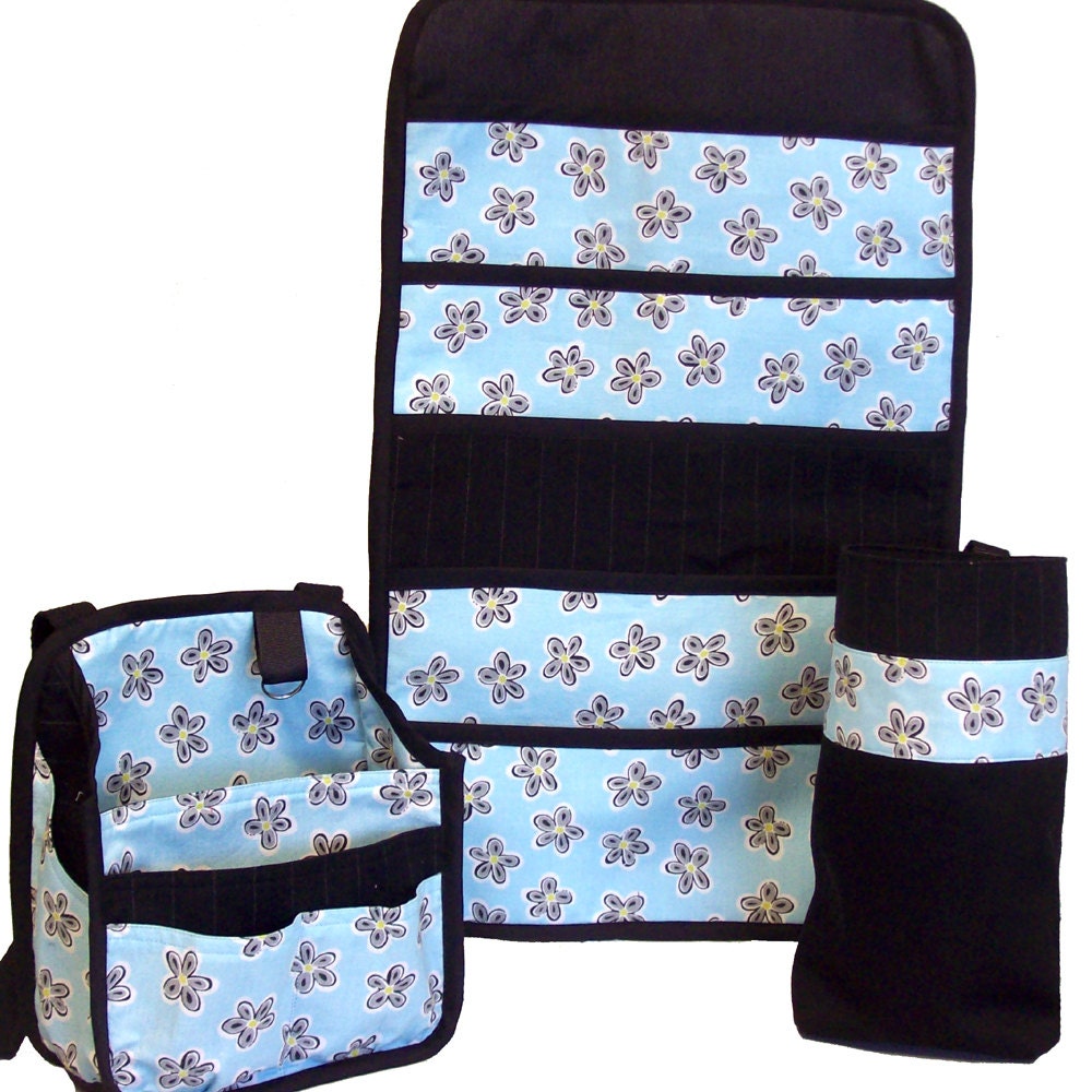 Car Organizer, Hanging Book Bag, Trash Bag Set in Blue, Gray and Black
