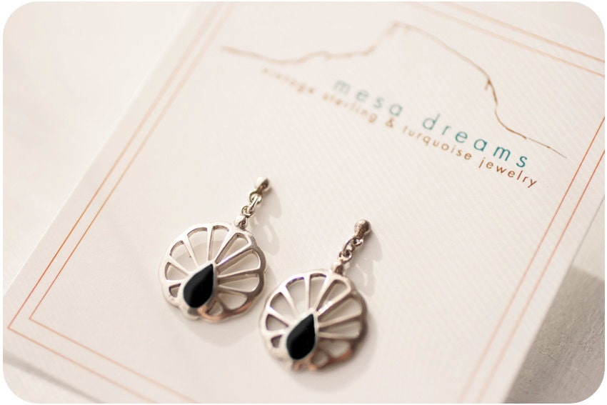 Vintage Sterling Silver and Black Onyx Peacock Earrings - 1970's Southwest Native American design - post and dangle