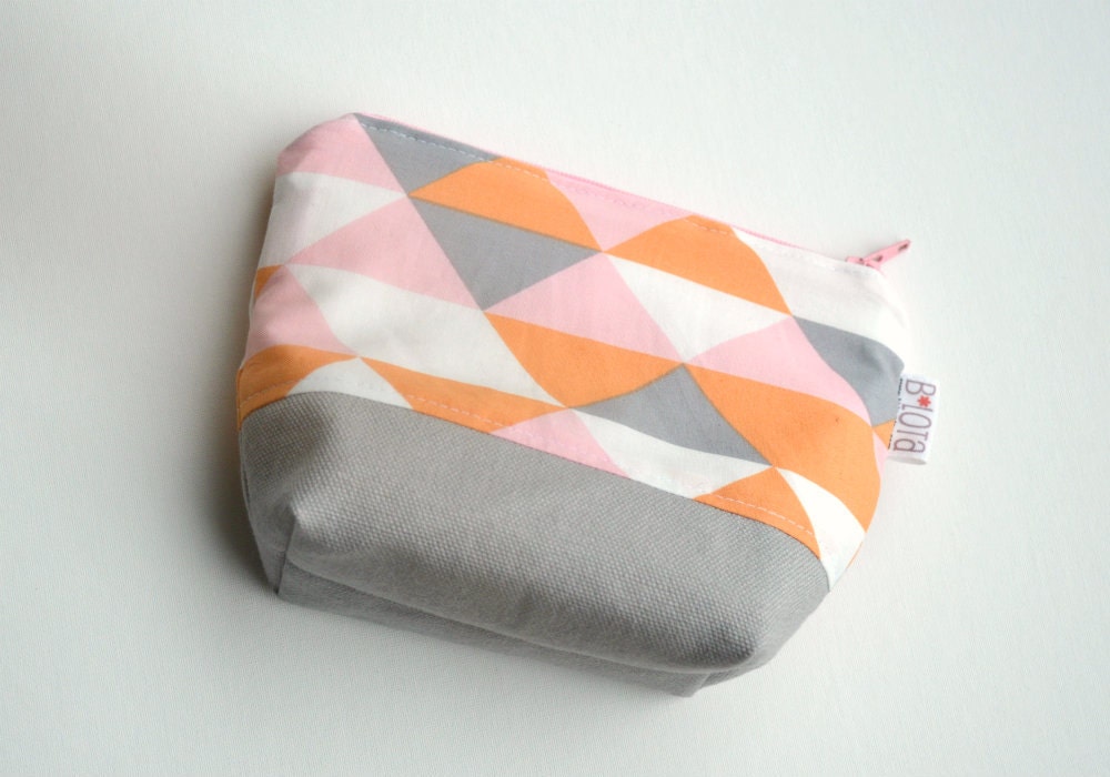 Organic Make up Pouch - Modern Geometric in Soft Gray, Orange, Pink and White