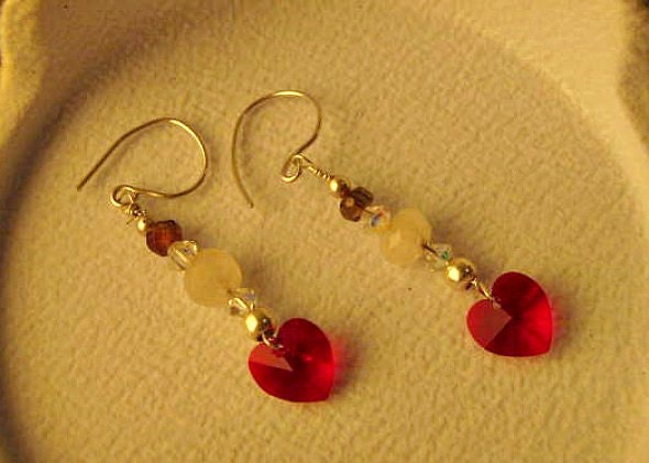Sterling silver jewellery handmade dangling earrings with tourmaline, rose quartz & Swarovski crystals, red heart drop earrlngs
