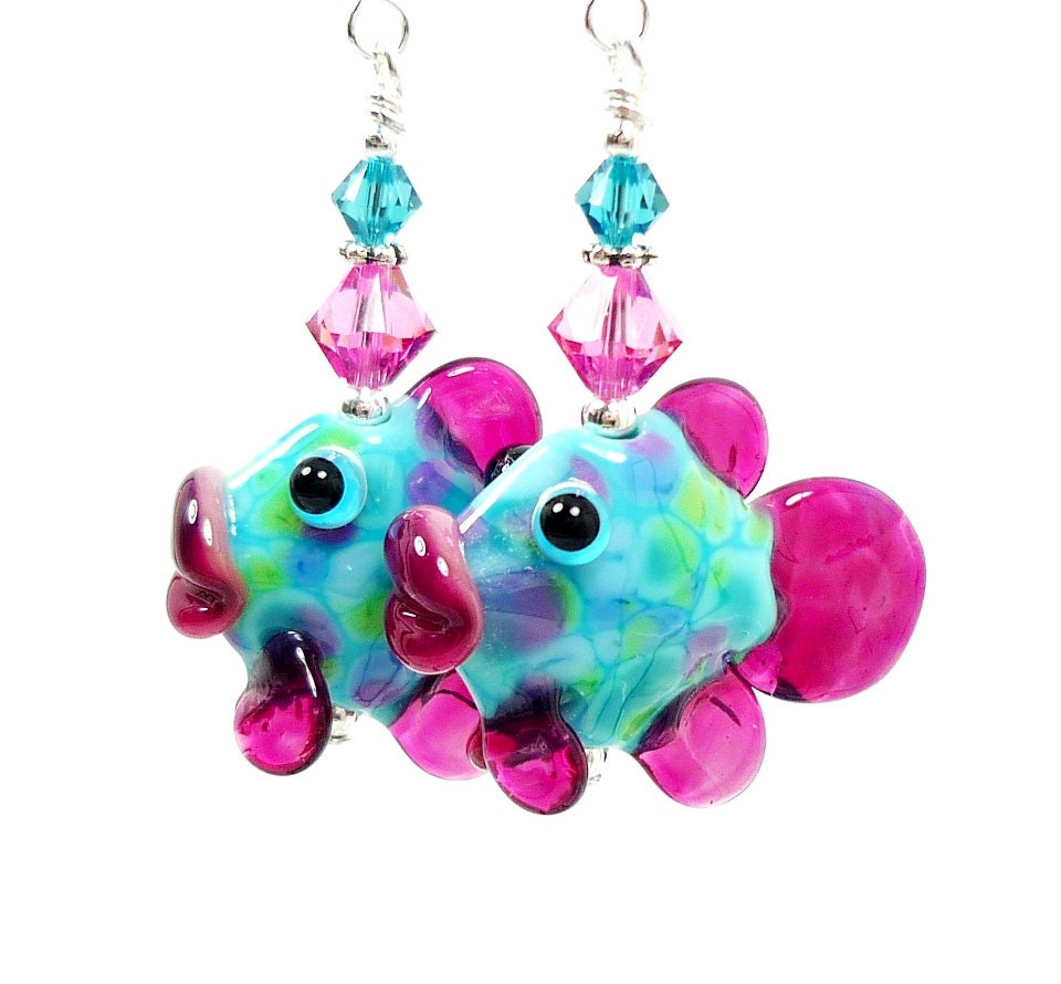 Fish Earrings, Lampwork Earrings, Turquoise Blue Pink Glass Fish Earrings, Glass Fish Earrings, Whimsical Earrings, Beadwork Earrings