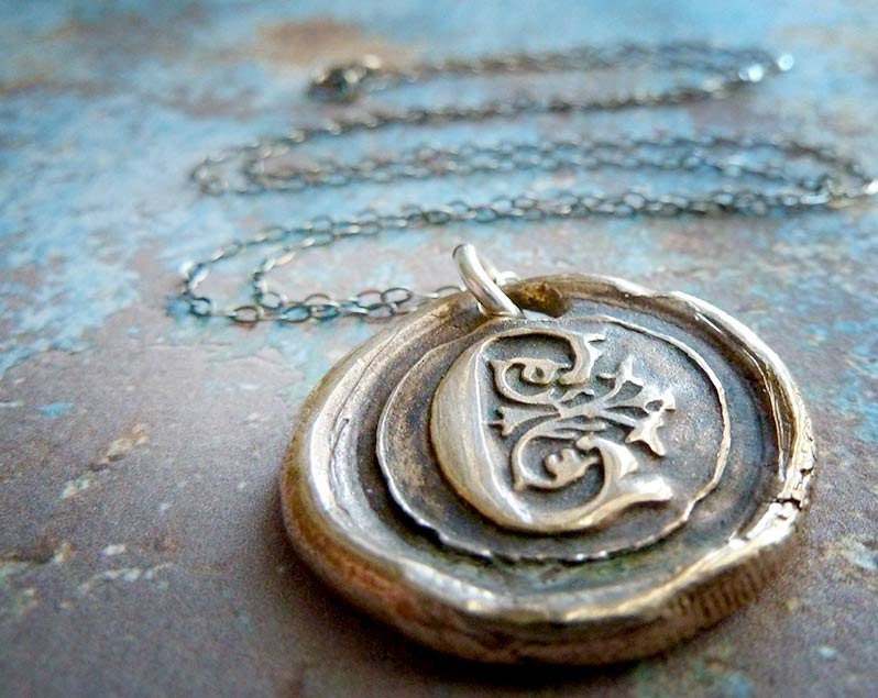 Wax Seal Monogram Necklace. Personalized Initial Bronze Pendant. Oxidized Sterling Silver Chain