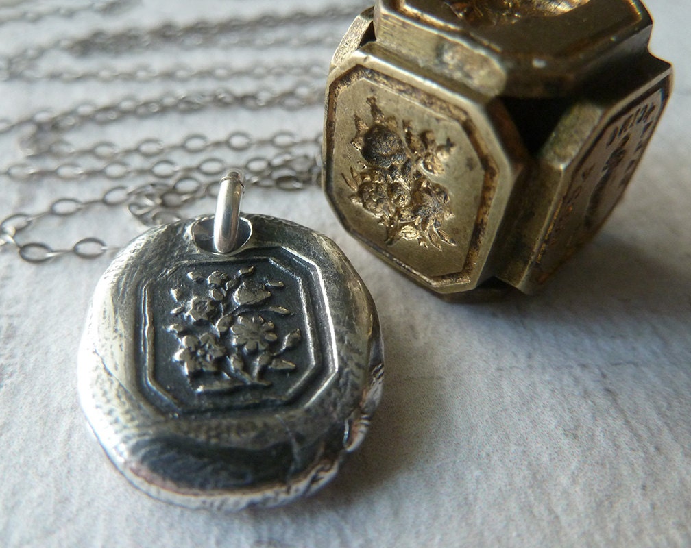 Victorian Floral Wax Seal Necklace. Wax Seal Jewelry in Fine Silver. Petite Mini Flower Pendant