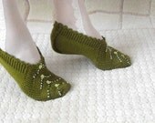 Women socks, Handmade Slippers, Turkish Knitted Slippers, Authentic footwear, Stylish foot wear, Military Green Slippers