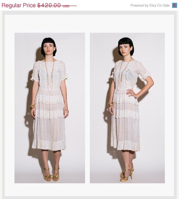 SALE Vintage 1920s White Cotton Embroidered Floral and Lace Tea Dress