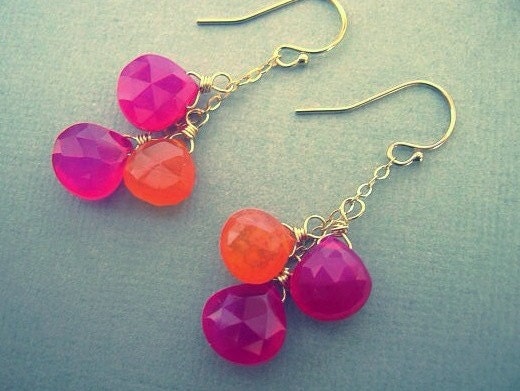 Orange and Pink Earrings, Gemstone Jewelry, Fuschia, Gold Earrings