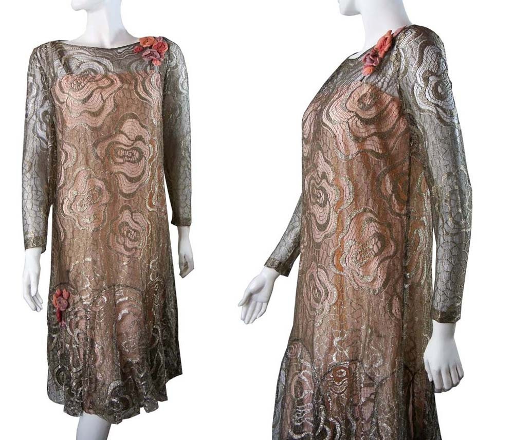 Gorgeous Antique Gold & Silver 1920s Flapper Dress Metallic Lace w/  Original Silk Under Dress