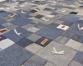 45 x 60 Recycled Denim blue jean Pockets Labels 4 patch variation tied flannel back lap quilt