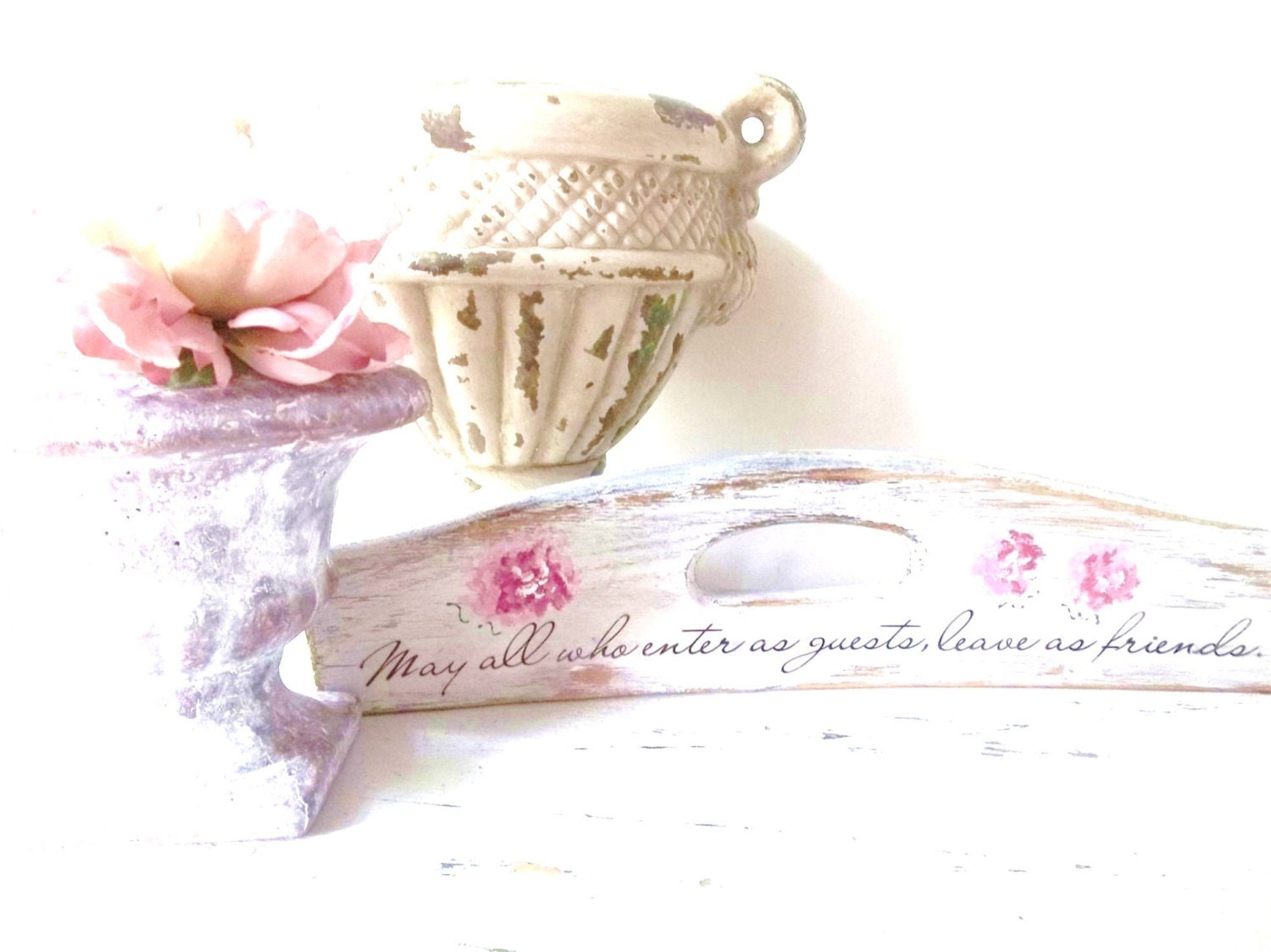 Rustic White Shabby Chic Welcome Sign. Pink Mauve Peonies. Welcome Message. Cottage. Patio. Home Decor