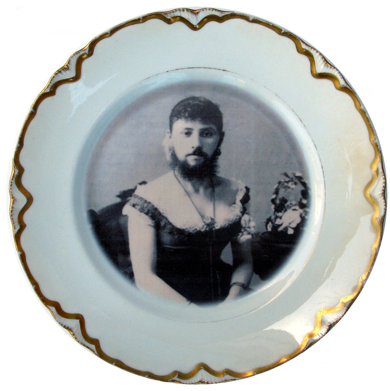 SALE The Bearded Lady - Circus Freak Series  - Altered Antique Plate 9"