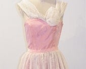 Vintage 50s Prom Dress, 1950s Party Dress, Pink Flocked Organza Full Skirt Formal Dress, Small