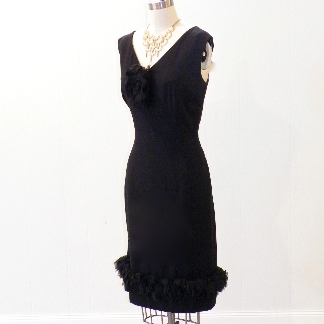 1960s Dress, 60s Cocktail Dress, Black Rayon Vintage LBD with Organza Pom & Flounced Hem