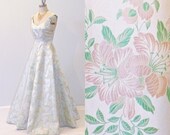 1950s Evening Gown, Floral Silk Brocade Vintage 50s Formal Party Dress, Full Length & Sweeping Full Skirt, Rare Custom Made Gown