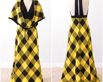 1970s Maxi Halter Dress & Capelet Shawl, Kelly Arden Vintage Black Yellow Plaid Plunging Dress Open T Back and Cape, Excellent 70s Dress Set