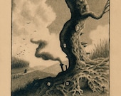 Fantasy Halloween Art Gnome Tree Whimsical Pencil Drawing Art Print - Stage IV : October Country - 8 x 10