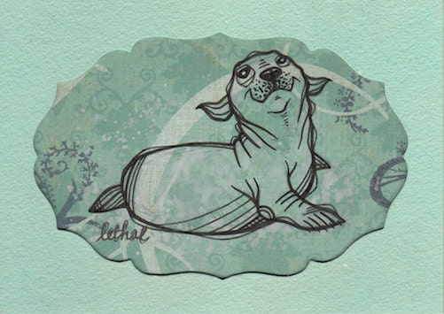 Pup - Original Mini Ink & Watercolor Seal Drawing on Scrapbook Paper