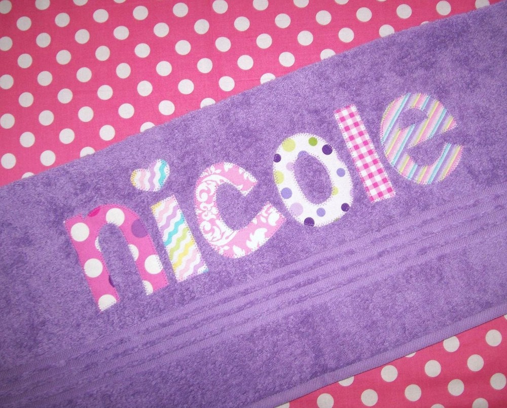 Personalized  Towel -  appliqued name -  Choose Fabric and Towel Color -  Easter,  beach, bath, pool, rest mat, birthday, Graduation